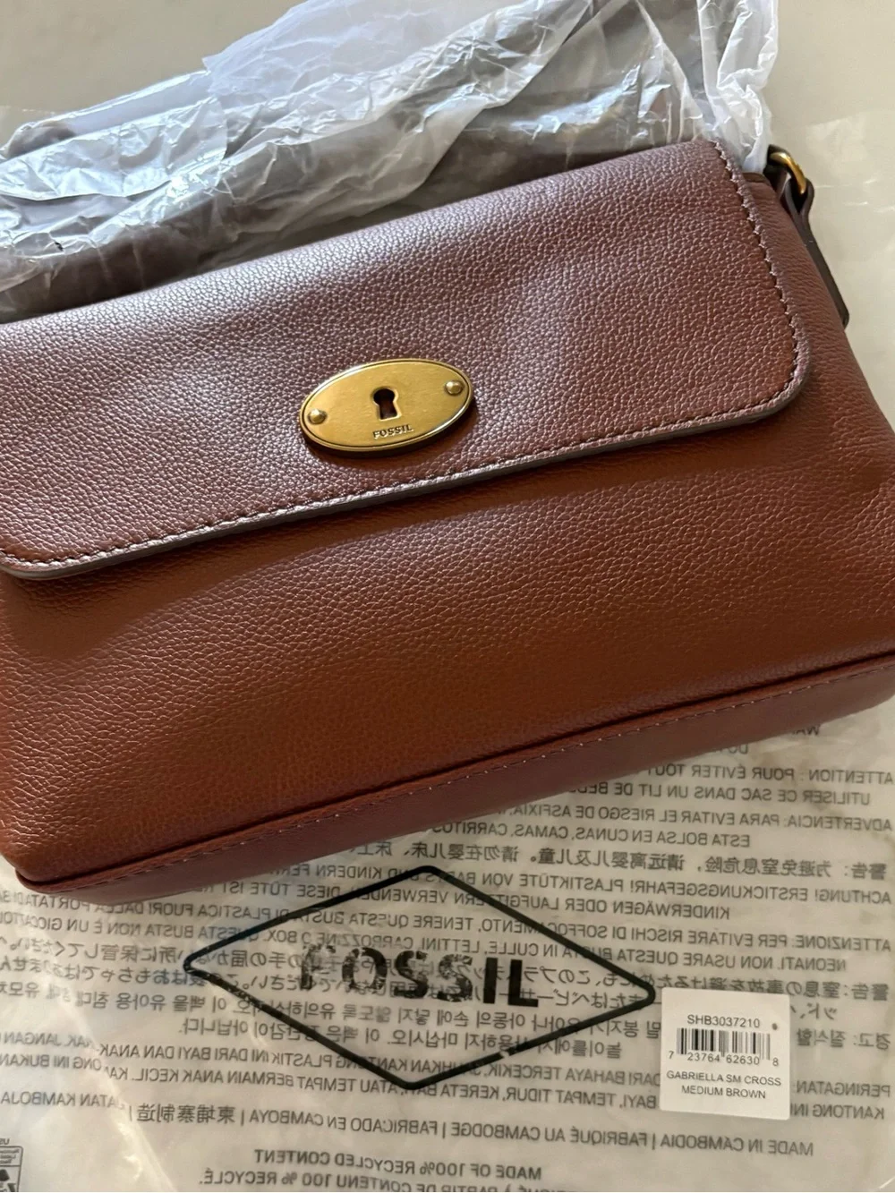 Fossil Small Flap Crossbody in Chestnut Brown with Gold Hardware